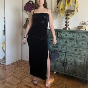 Vintage 90s deep blue velvet maxi dress with butterfly print at chest.